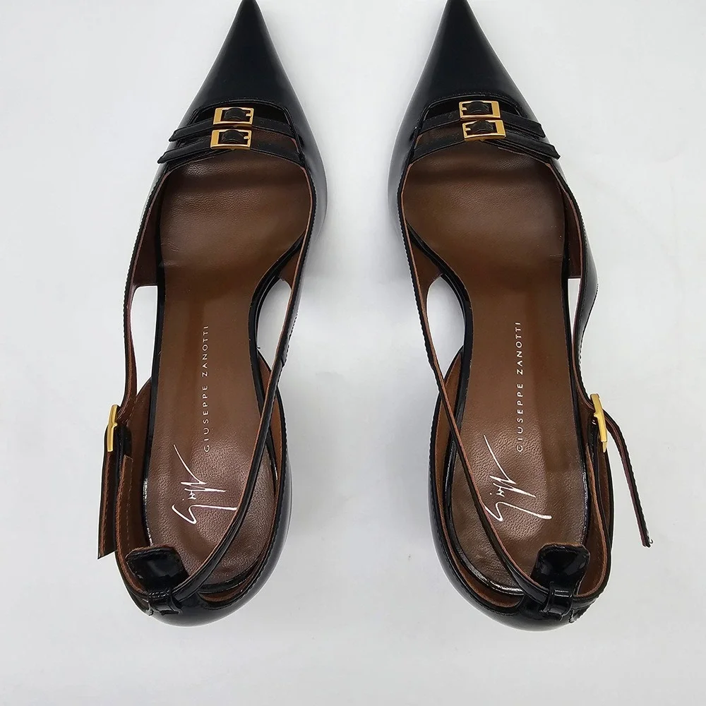 Giuseppe Zanotti Raquel 50 Slim Womens 37 US 7 Black Patent Leather Buckle Heels